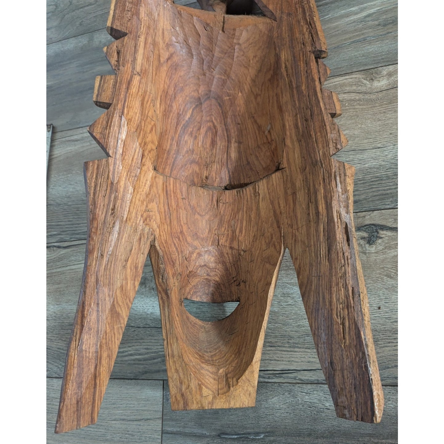 Vintage African Wooden Mask Elephant Top Mandinka Wooden Sculpture Inlay Modern