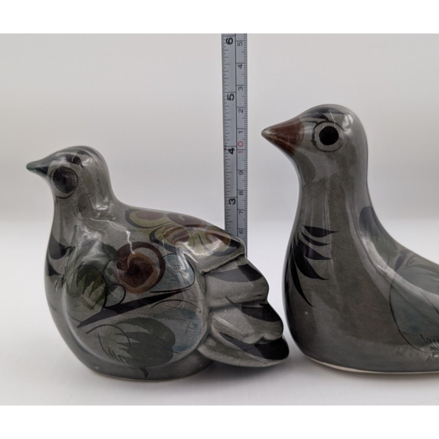 Vintage Mexican Pottery Bird Figurines Hand Painted Folk Art Birds Set of 2