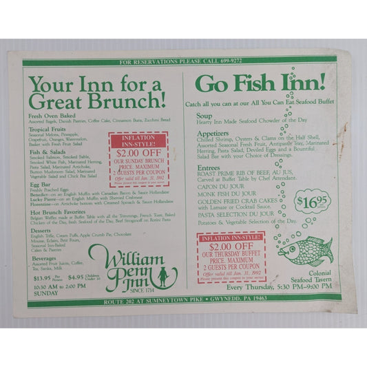 William Penn Inn Penn's Tavern Vintage Menu PA