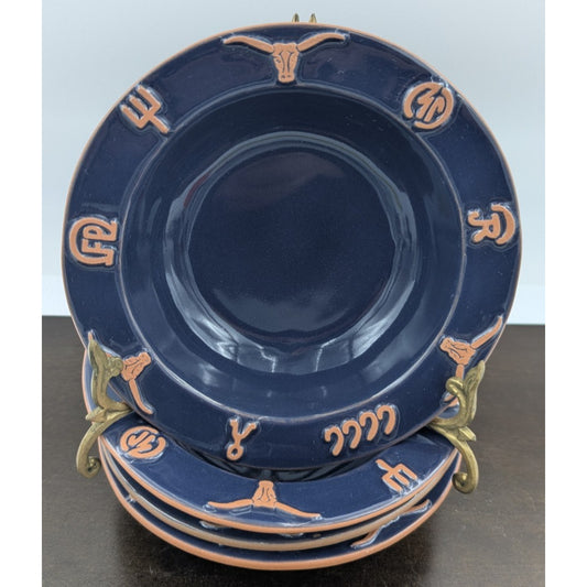 Frankoma Pottery Ranch Navy Blue Rim Soup Bowl set of 4 Cattle Brands 7-3/4"