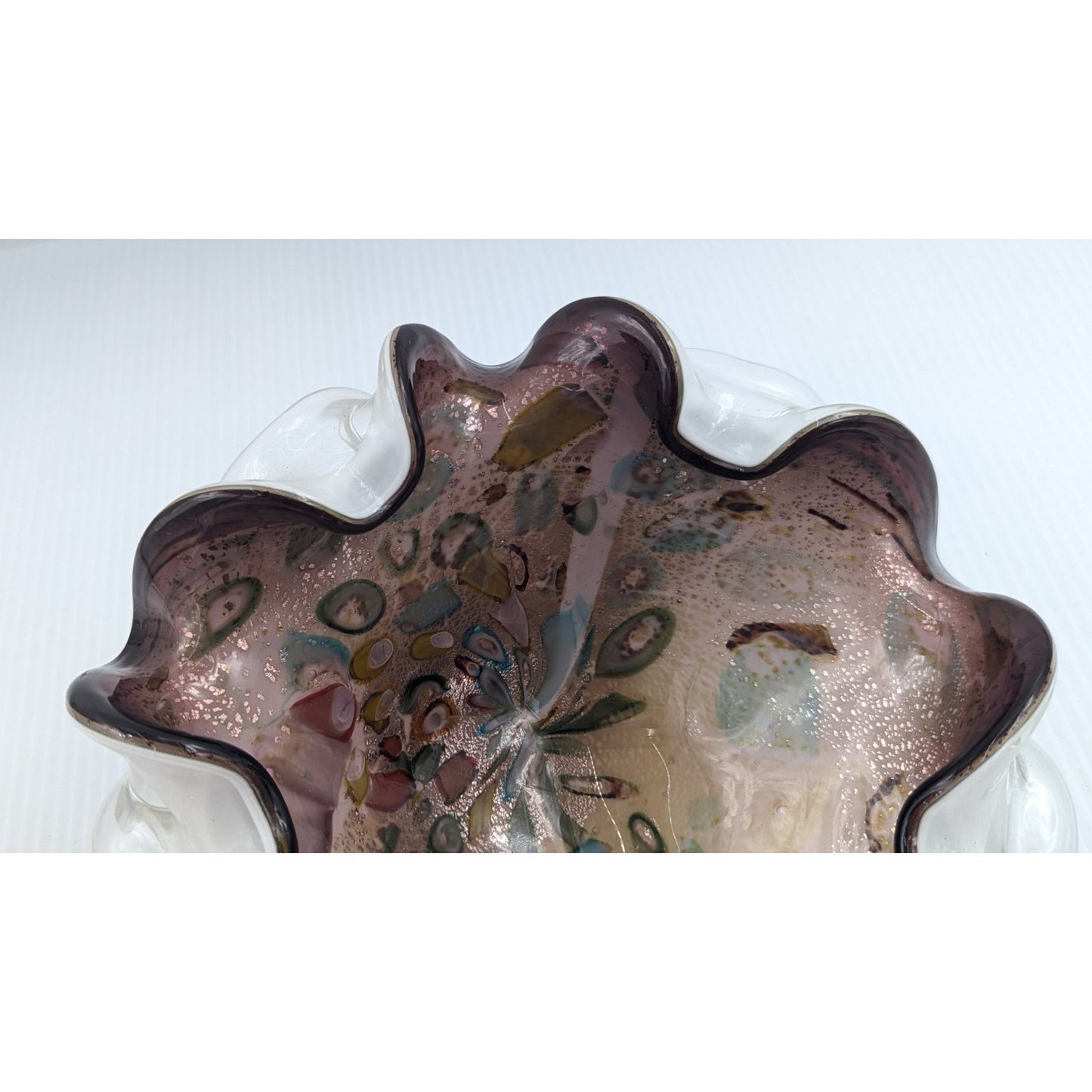 Vintage Hand Blown Murano Tutti Frutti Cased Glass Bowl Ruffled 9"