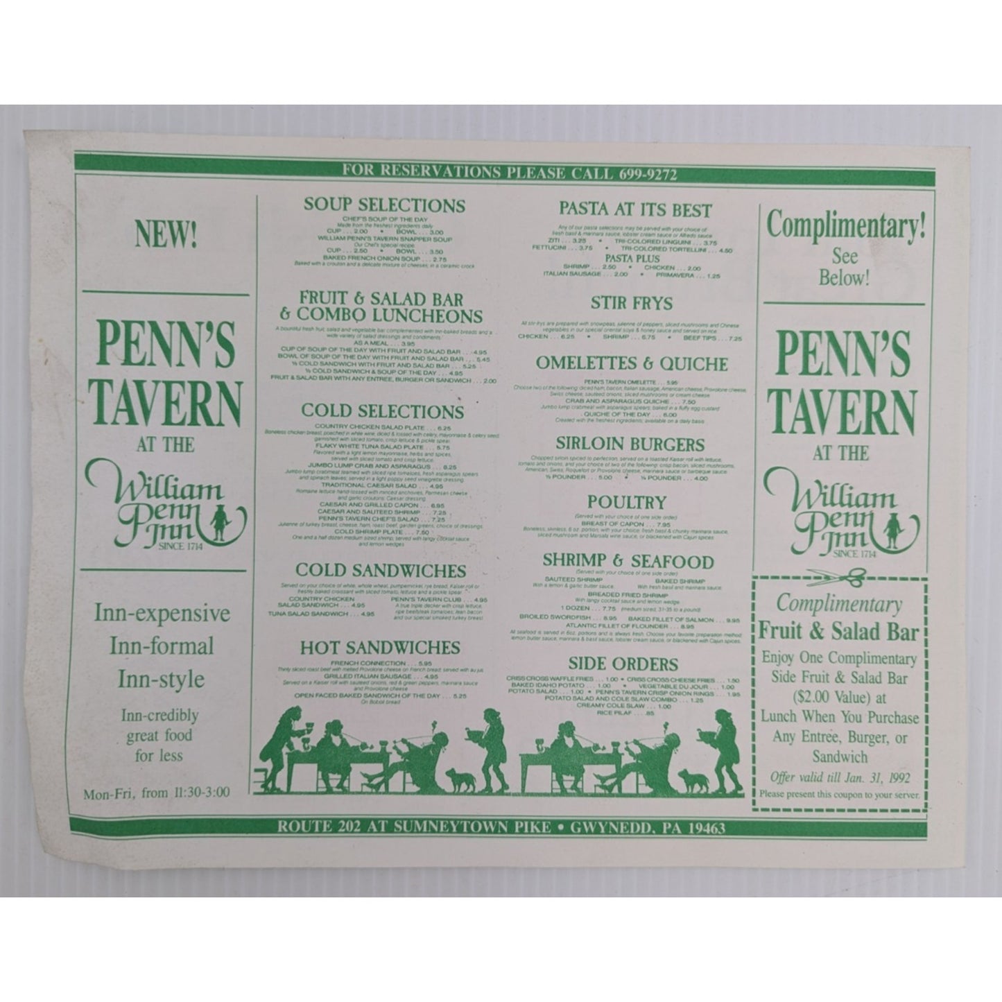 William Penn Inn Penn's Tavern Vintage Menu PA