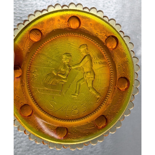 The Sandwich Skaters Glass Window Decor Pairpoint Cup Plate Marigold Amber VTG