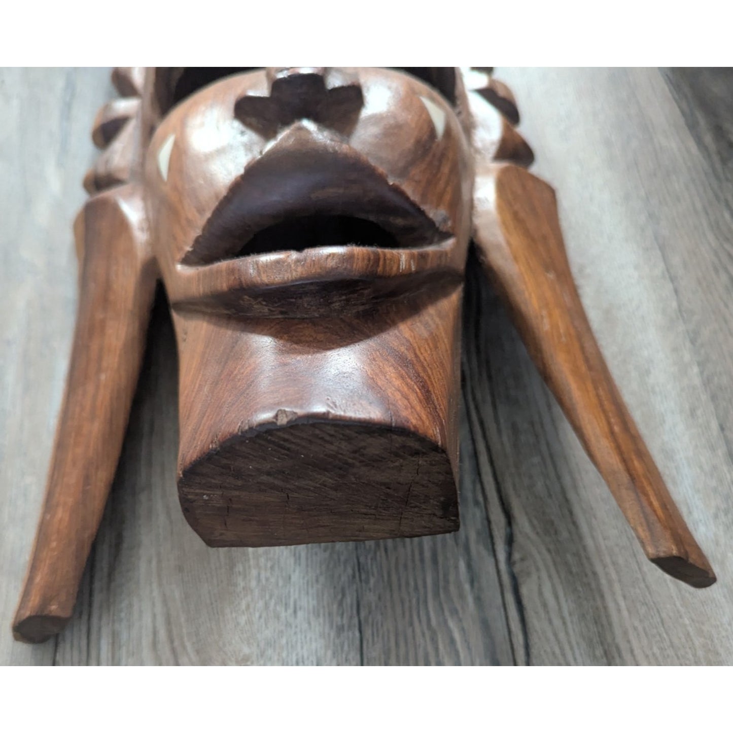 Vintage African Wooden Mask Elephant Top Mandinka Wooden Sculpture Inlay Modern