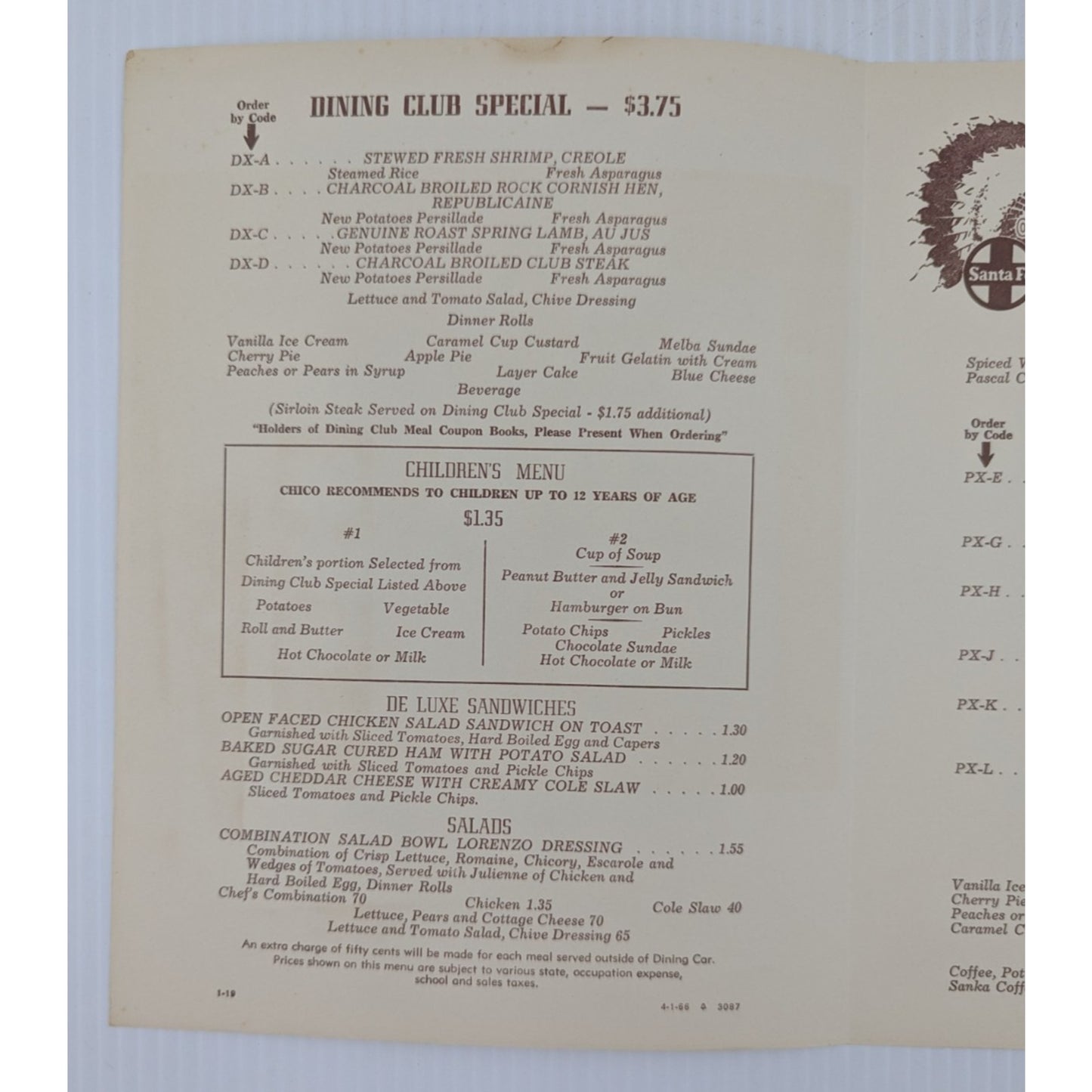 Santa Fe Railroad Super Chief Turquoise Room Menu & Champagne Dinner 14" x 11"