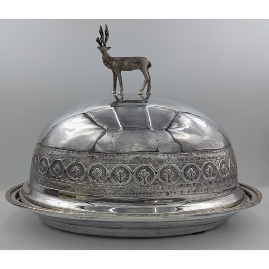 Antique Large Silver Plate Meat Platter w/ Dome Deer Stag Handle 19" L, 15" Tall