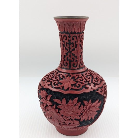 Vintage Chinese Cinnabar Lacquered Vase Red Black 8" Brass & Blue Enamel