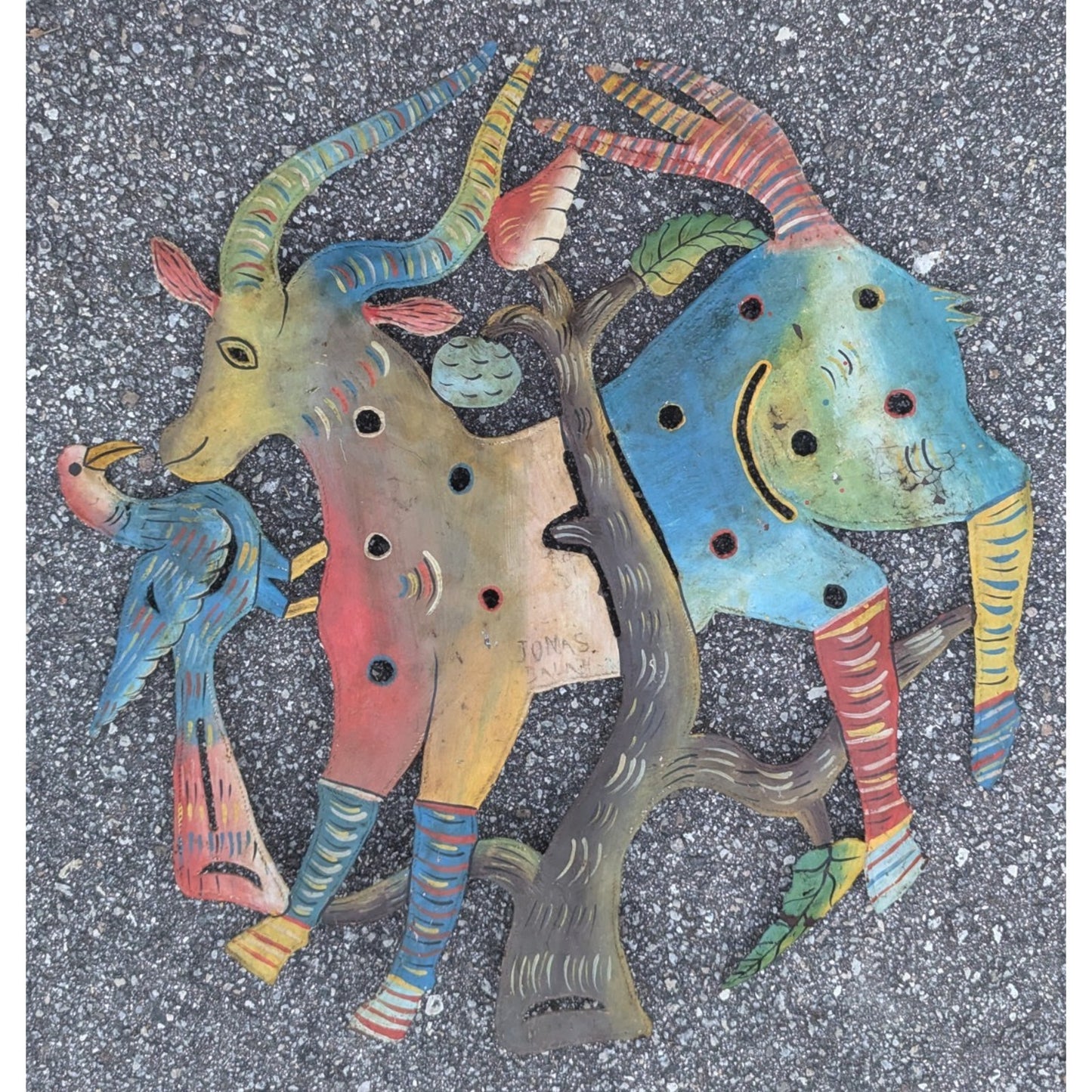 Drum Steel Cut Folk Art Animals Signed Jonas Balan Haitian Metal Sculpture