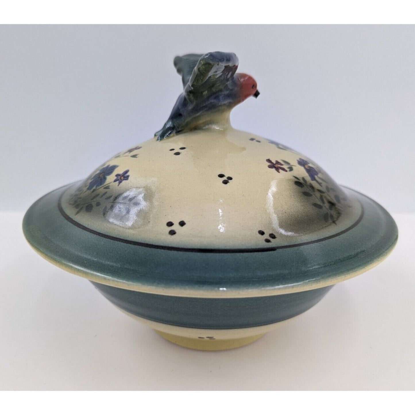 Aldrich Valley Pottery Blue Bird Finial Floral Lidded Bowl Signed - READ