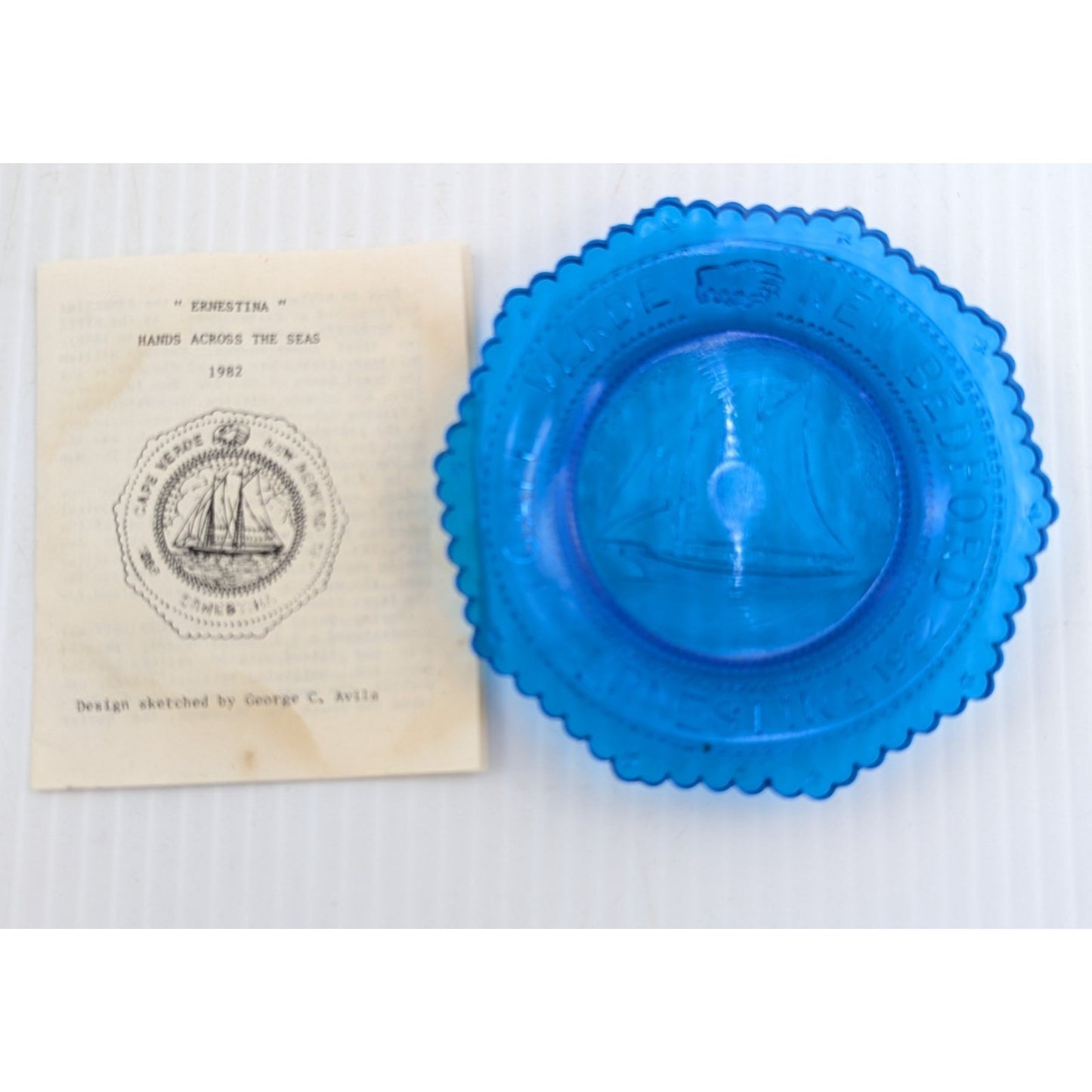 Schooner Ernestina Cape Verde New Bedford Glass Pairpoint Cup Plate Blue Ship