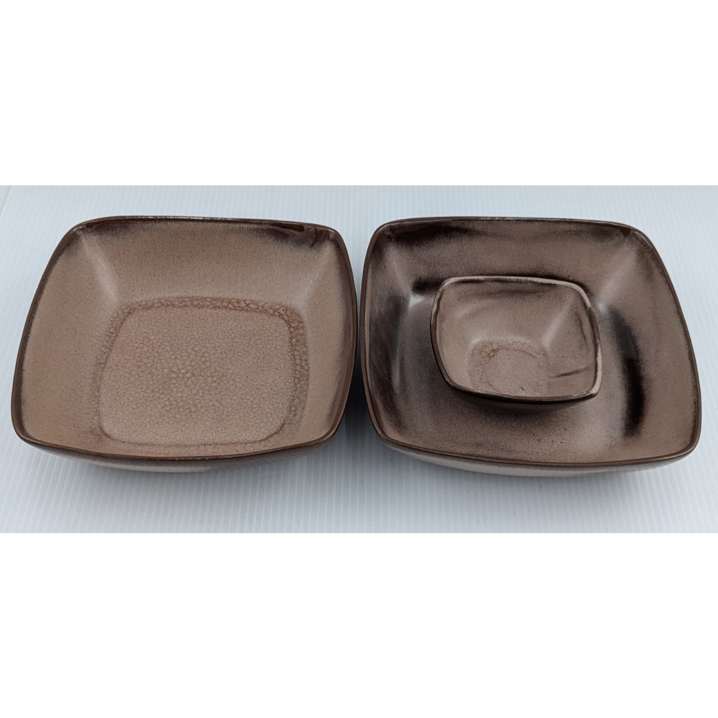 Frankoma Pottery Plainsman Brown Chip and Dip Platter and Square Salad Bowl 5NS