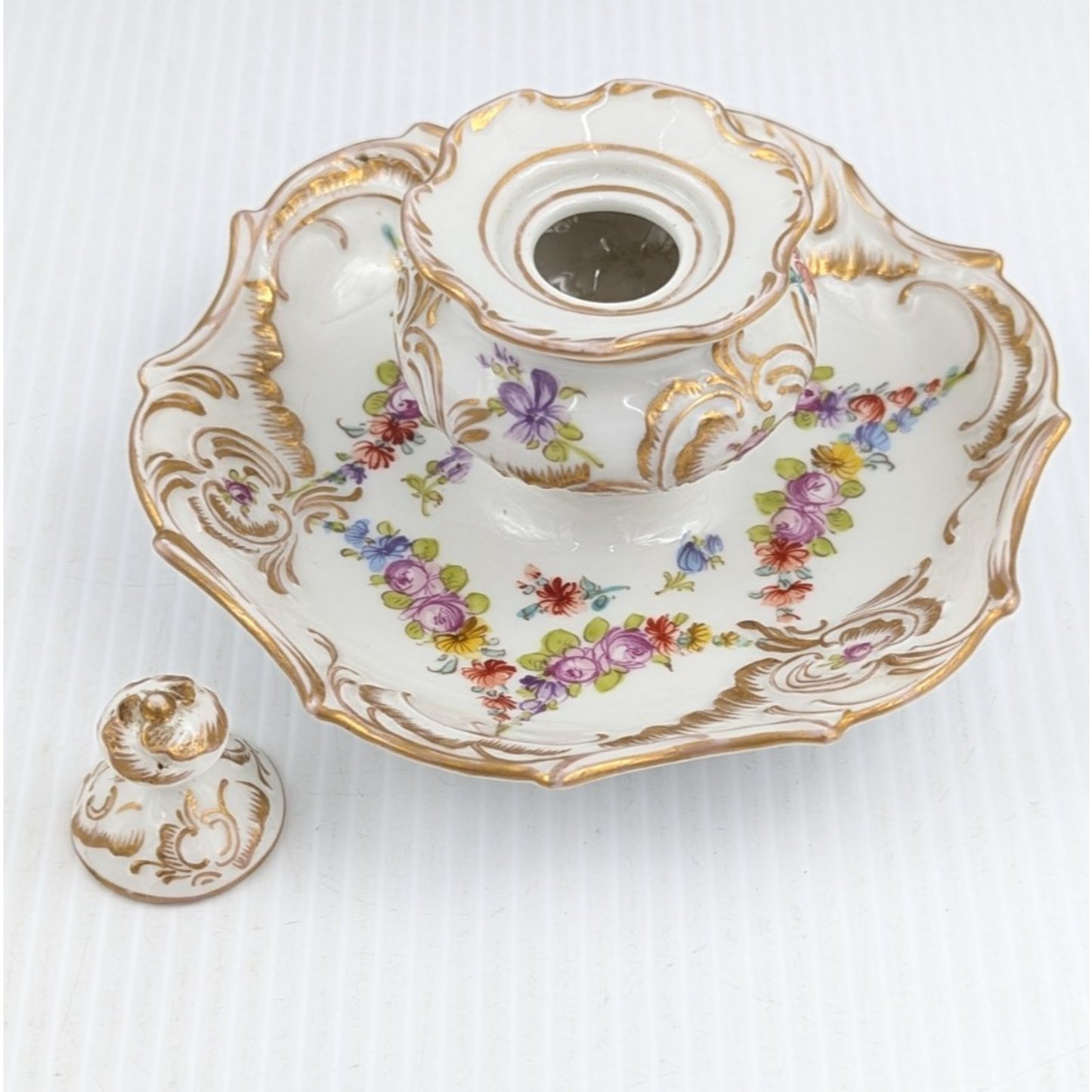 Hand Painted Porcelain Inkwell Floral Gilded With Lid Dresden (?)