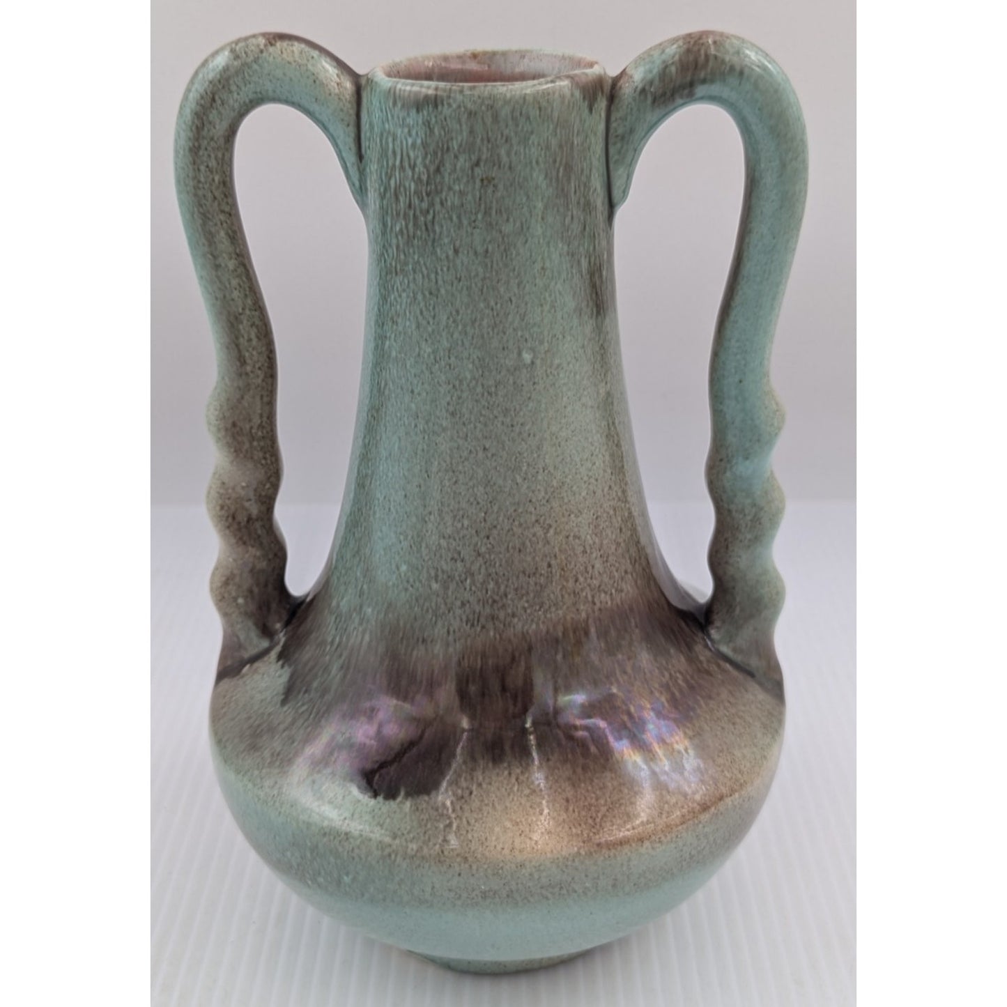 Gonder Twist Handled Vase H-5 Turquoise Green Brown Drip -Ebony Green Glaze USA