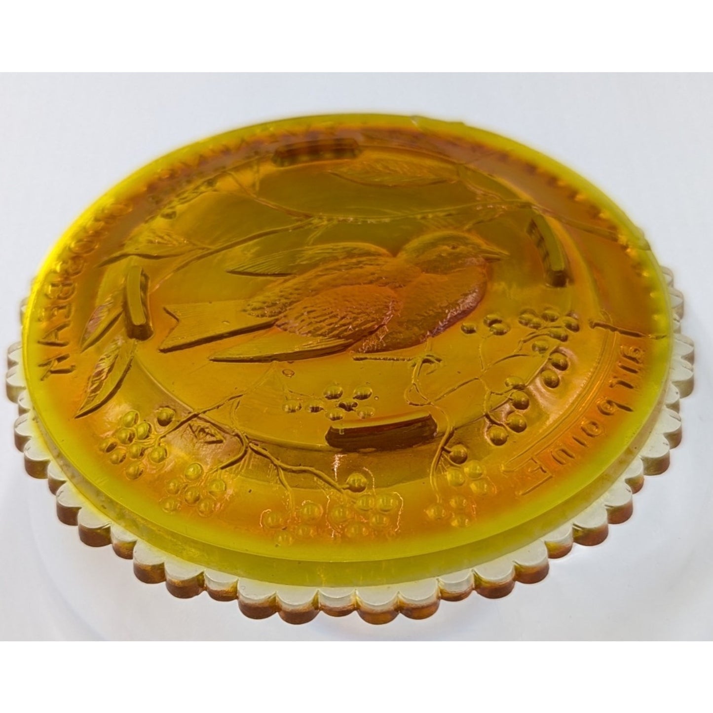 Evening Grosbeak Bird Glass Window Decor Pairpoint Cup Plate Marigold Amber VTG