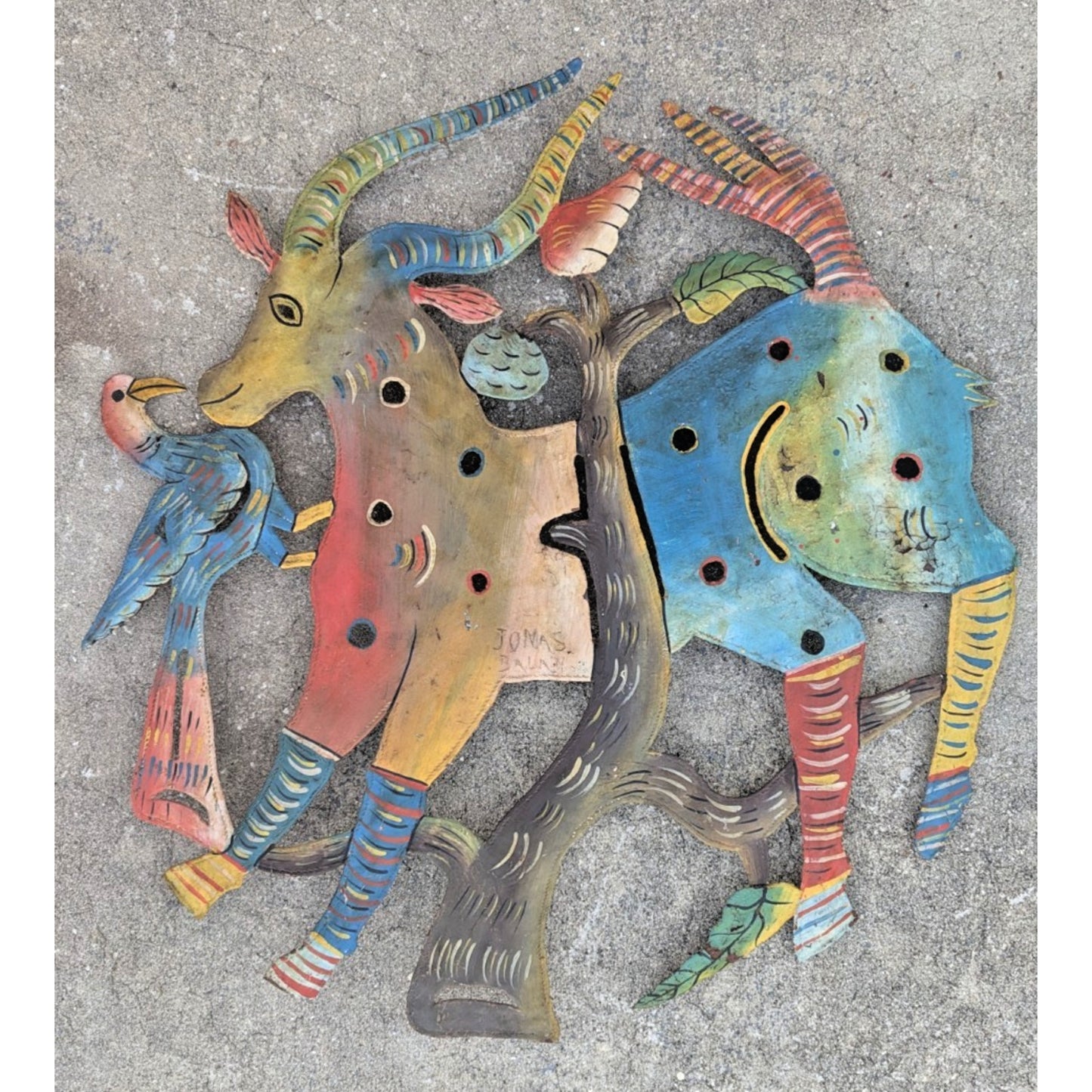 Drum Steel Cut Folk Art Animals Signed Jonas Balan Haitian Metal Sculpture