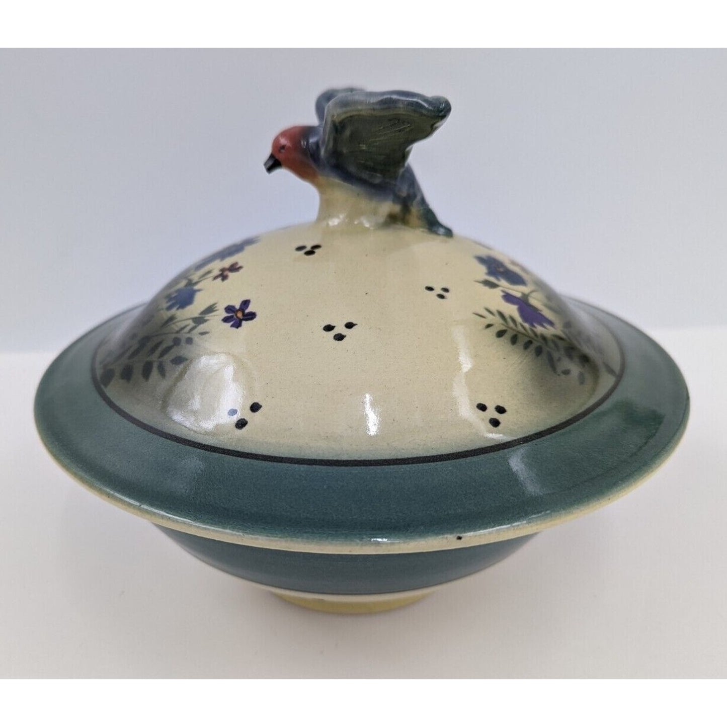 Aldrich Valley Pottery Blue Bird Finial Floral Lidded Bowl Signed - READ