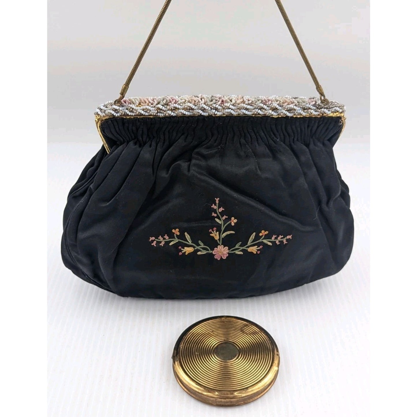 French Chunn Embroidered Evening Purse Handmade With Powder Compact As Is