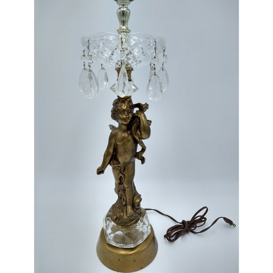 Cherub Bird on Shoulder Brass Banquet Parlor Table Lamp w/ Prisms Made in Italy