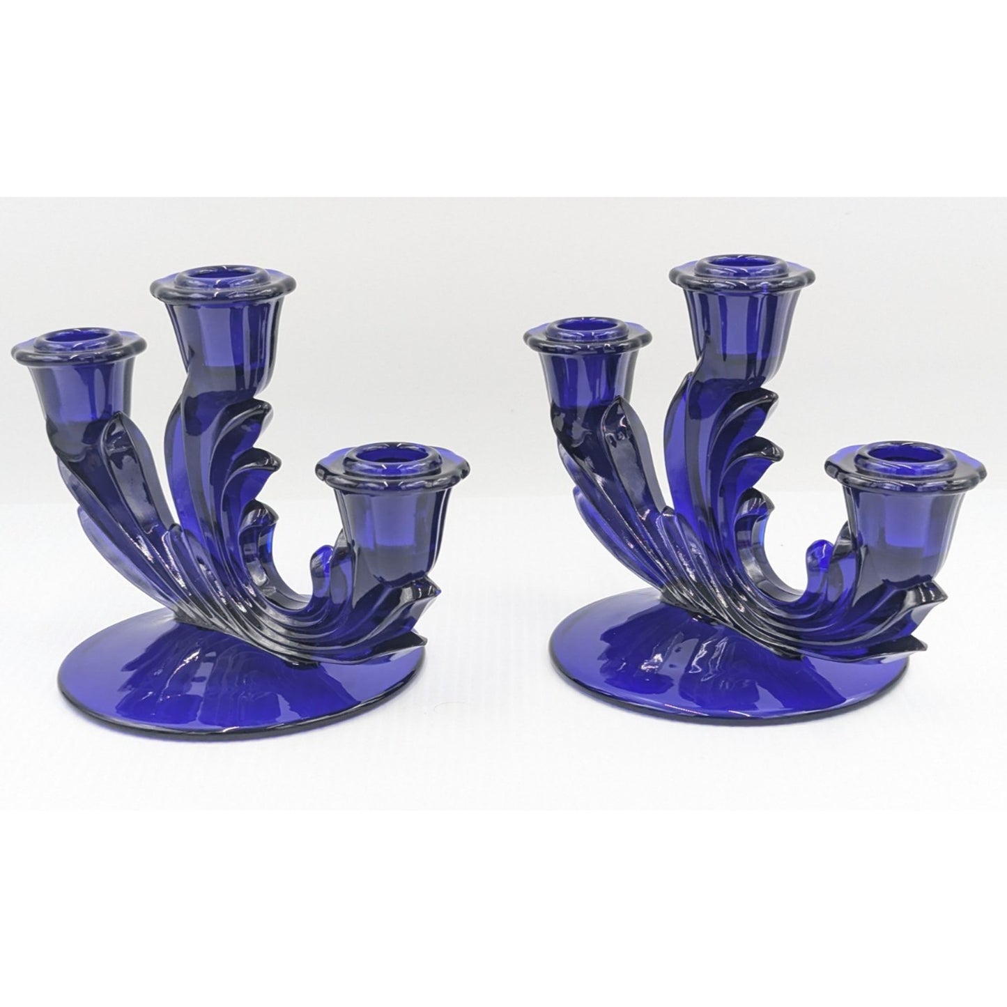 Fostoria Glass Baroque Regal Blue Cobalt 3 Light Candlestick Set of 2 Rare #2496