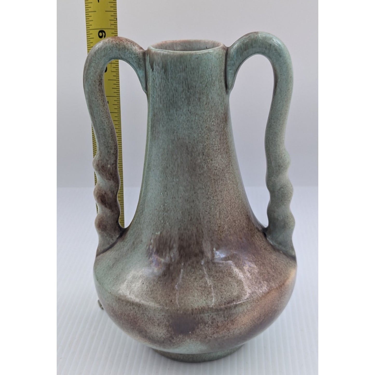 Gonder Twist Handled Vase H-5 Turquoise Green Brown Drip -Ebony Green Glaze USA