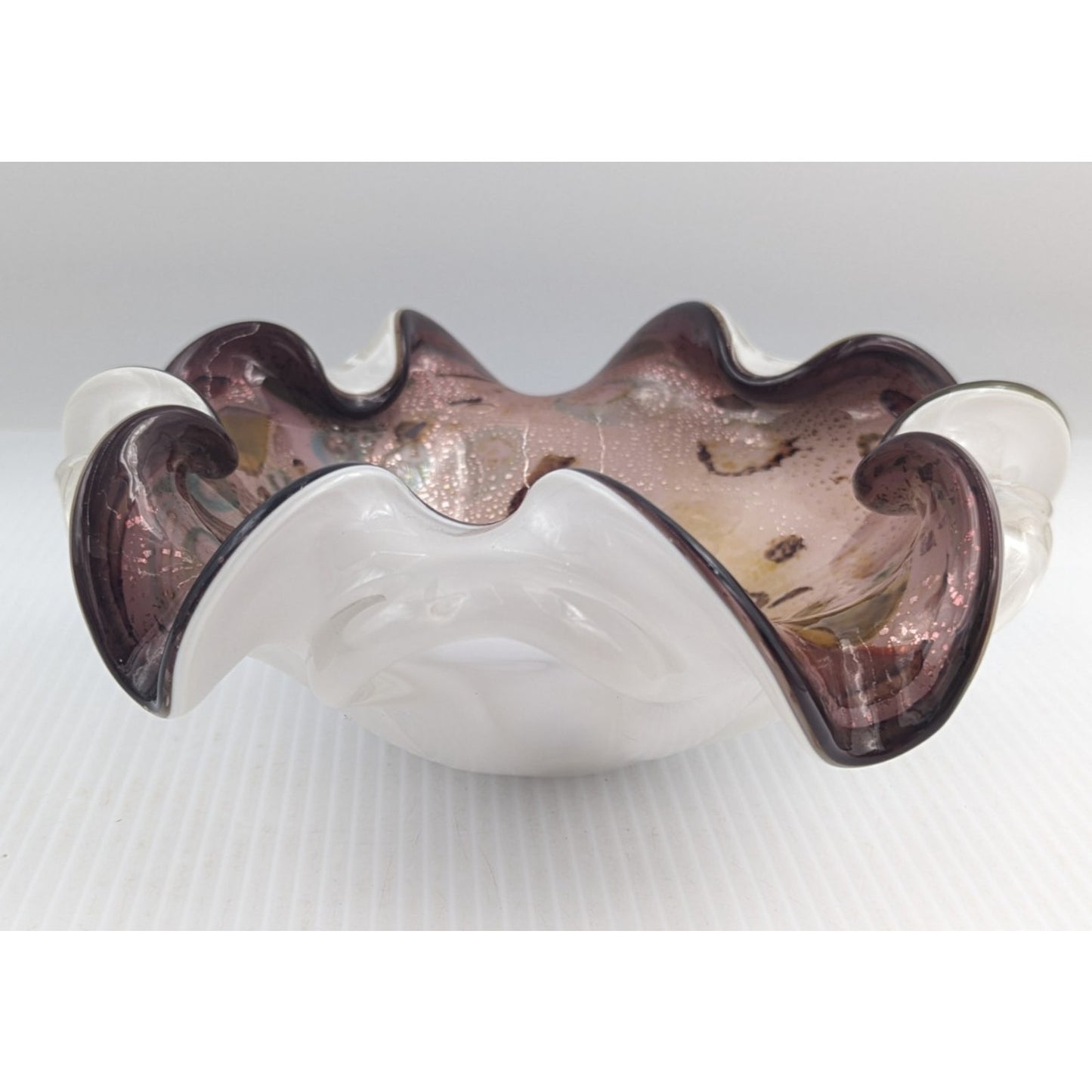 Vintage Hand Blown Murano Tutti Frutti Cased Glass Bowl Ruffled 9"