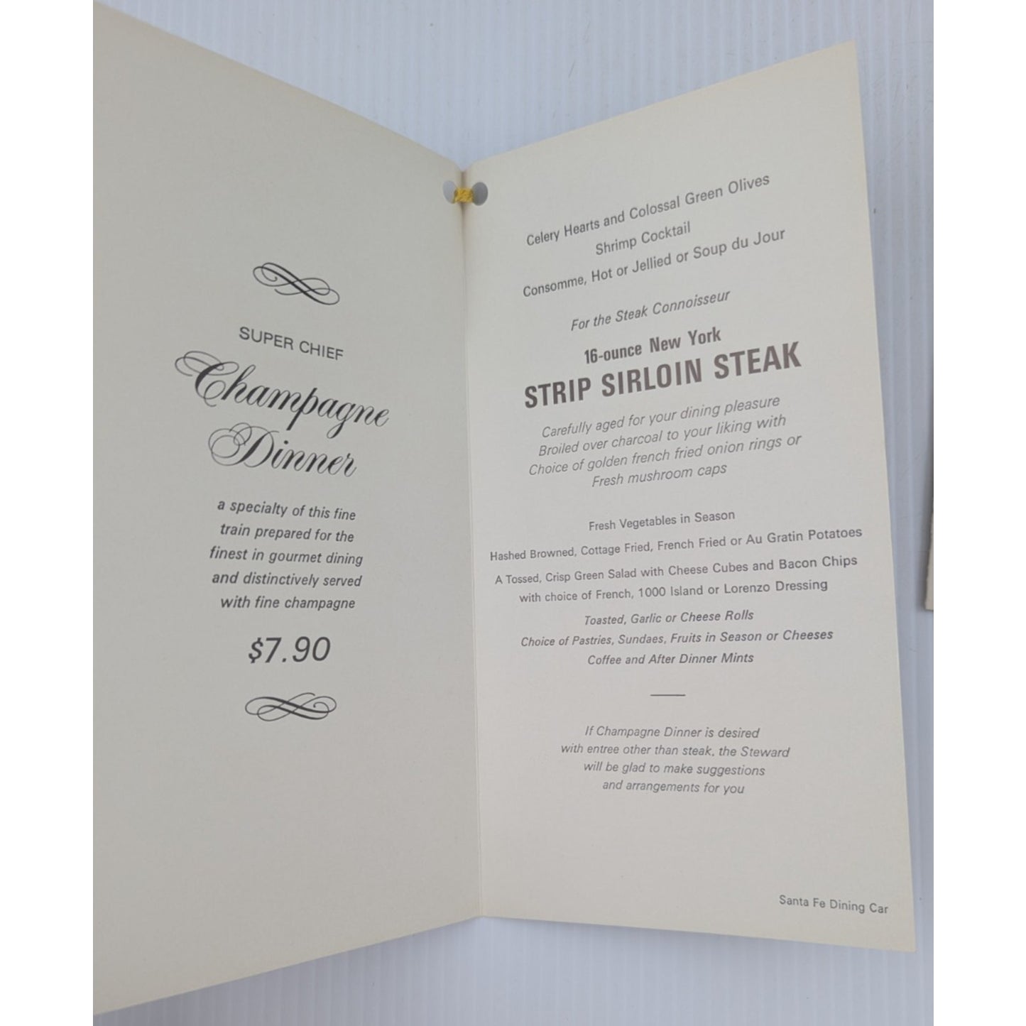 Santa Fe Railroad Super Chief Turquoise Room Menu & Champagne Dinner 14" x 11"