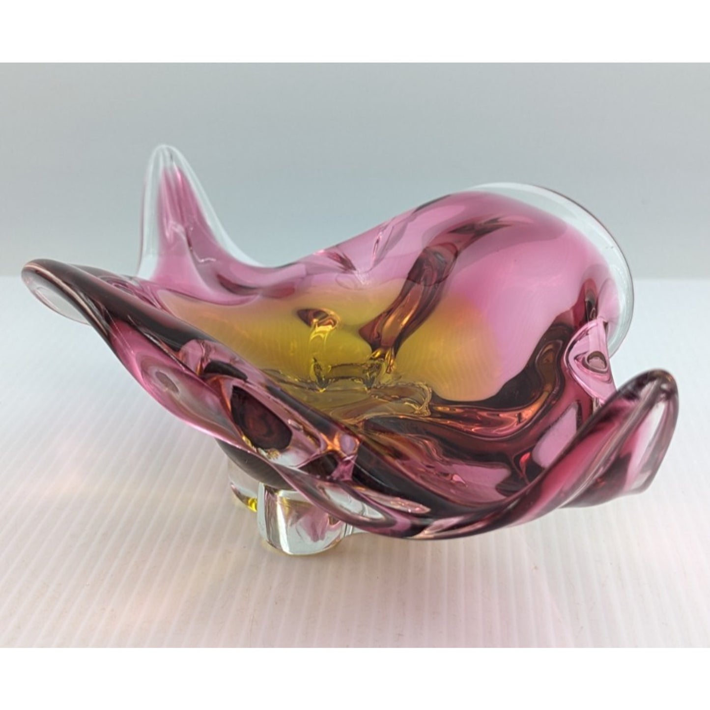 Bohemian Czech Chribska Glassworks Glass Bowl Pink Orange Incased in Clear 12"