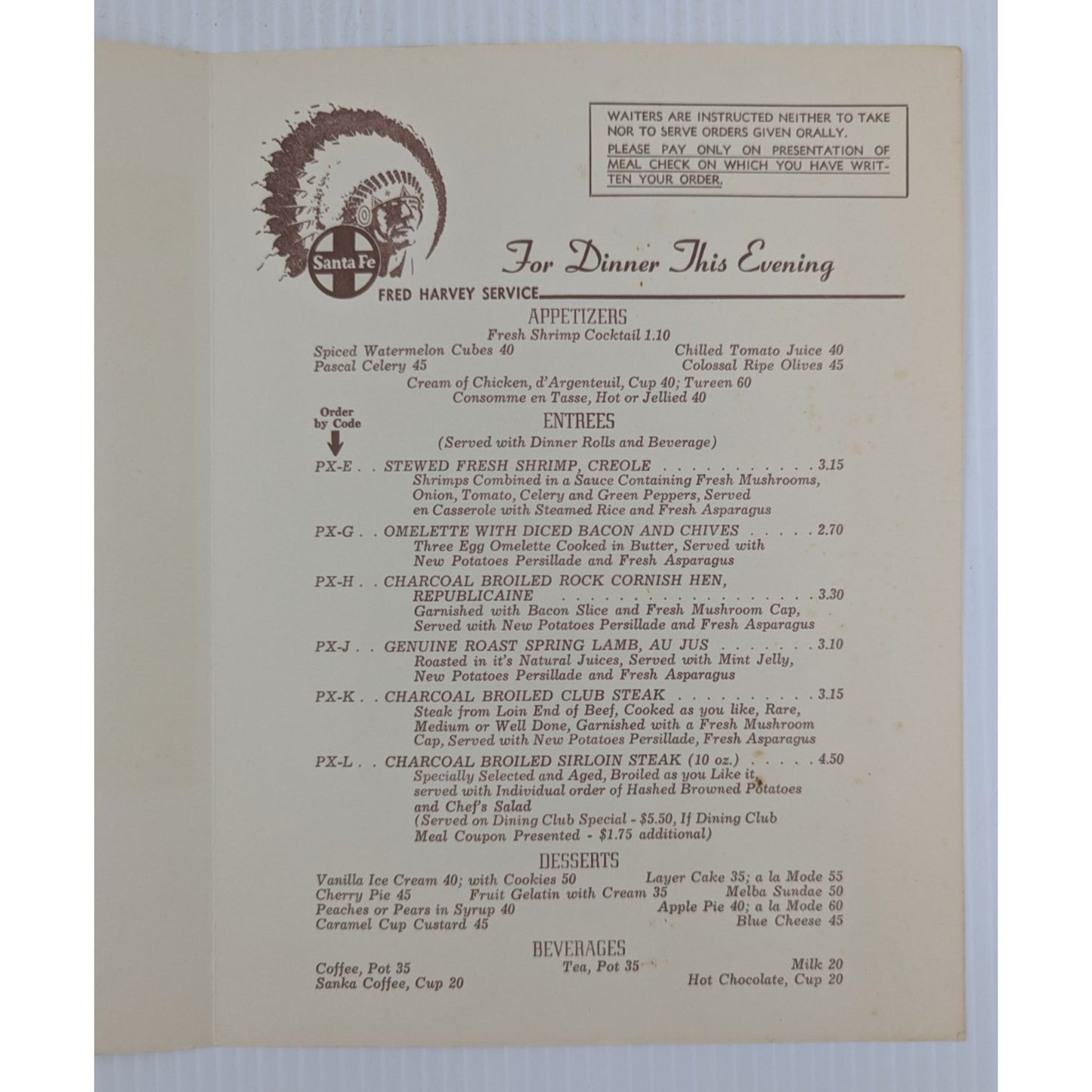 Santa Fe Railroad Super Chief Turquoise Room Menu & Champagne Dinner 14" x 11"
