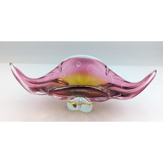 Bohemian Czech Chribska Glassworks Glass Bowl Pink Orange Incased in Clear 12"