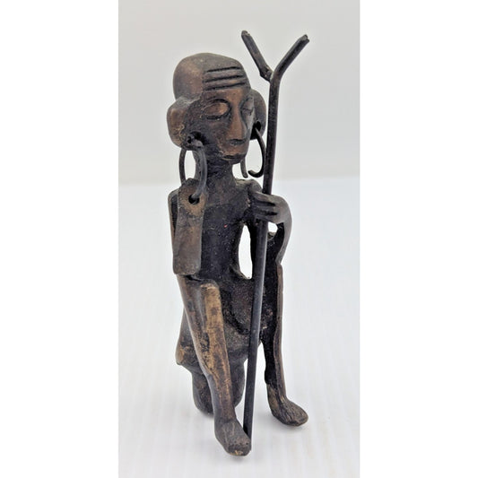Small Bronze Figure with Earring Walking Stick 4.25" Dogon Ashanti ?