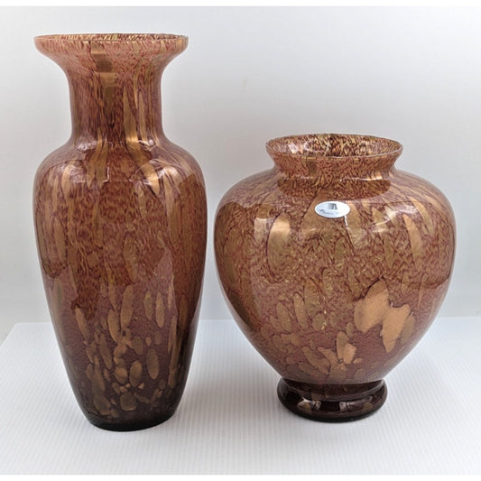 Azzurra Maestri Vetrai Italy Blown Glass Vase Set of 2 Vases Red Gold Splatter