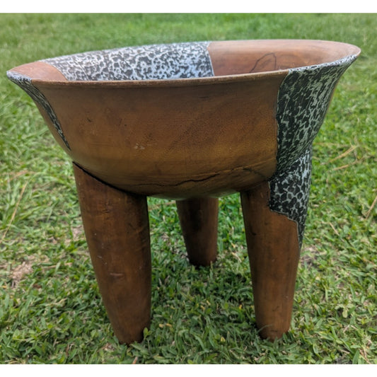 Vintage Large Fijian Ceremonial Tanoa / Kava Bowl With Metal Tin Décor