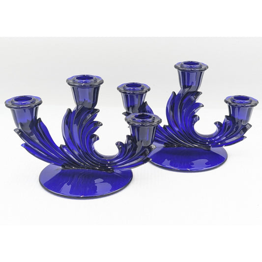 Fostoria Glass Baroque Regal Blue Cobalt 3 Light Candlestick Set of 2 Rare #2496