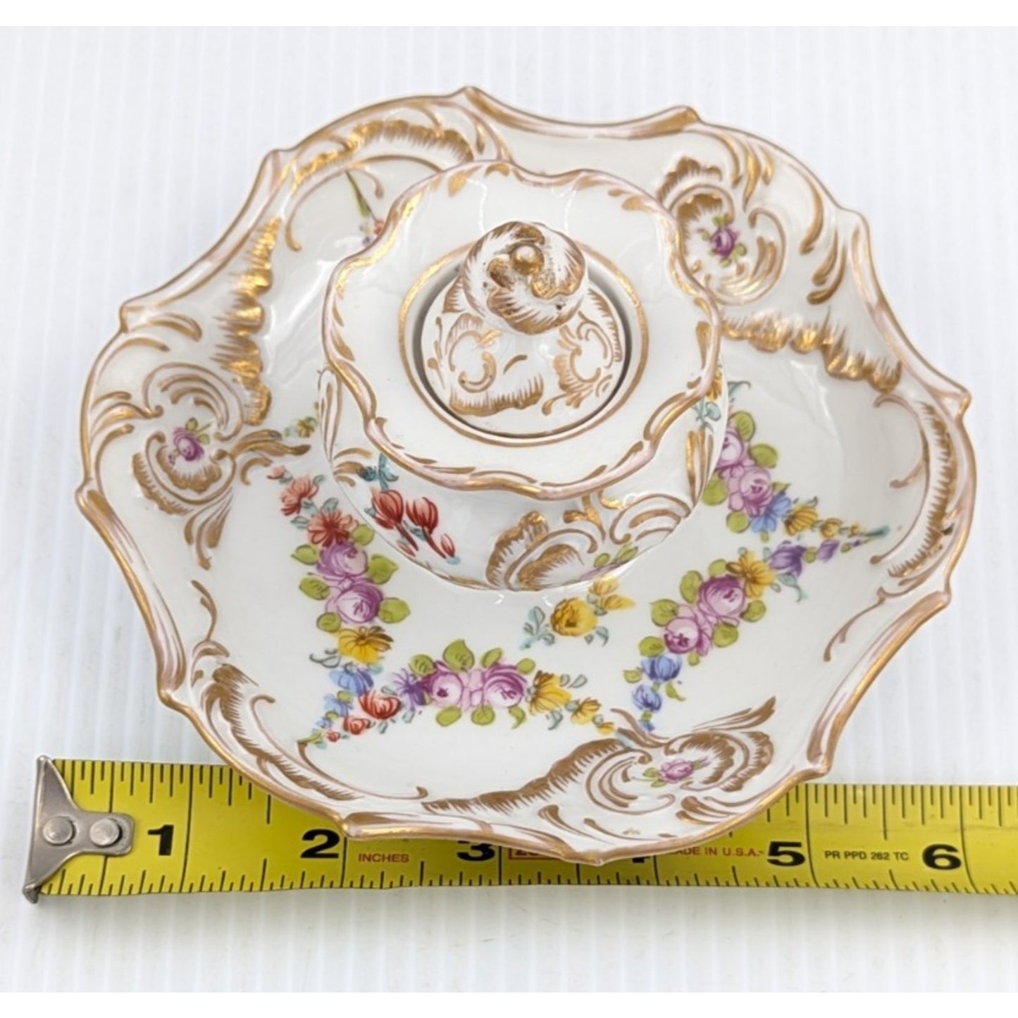 Hand Painted Porcelain Inkwell Floral Gilded With Lid Dresden (?)