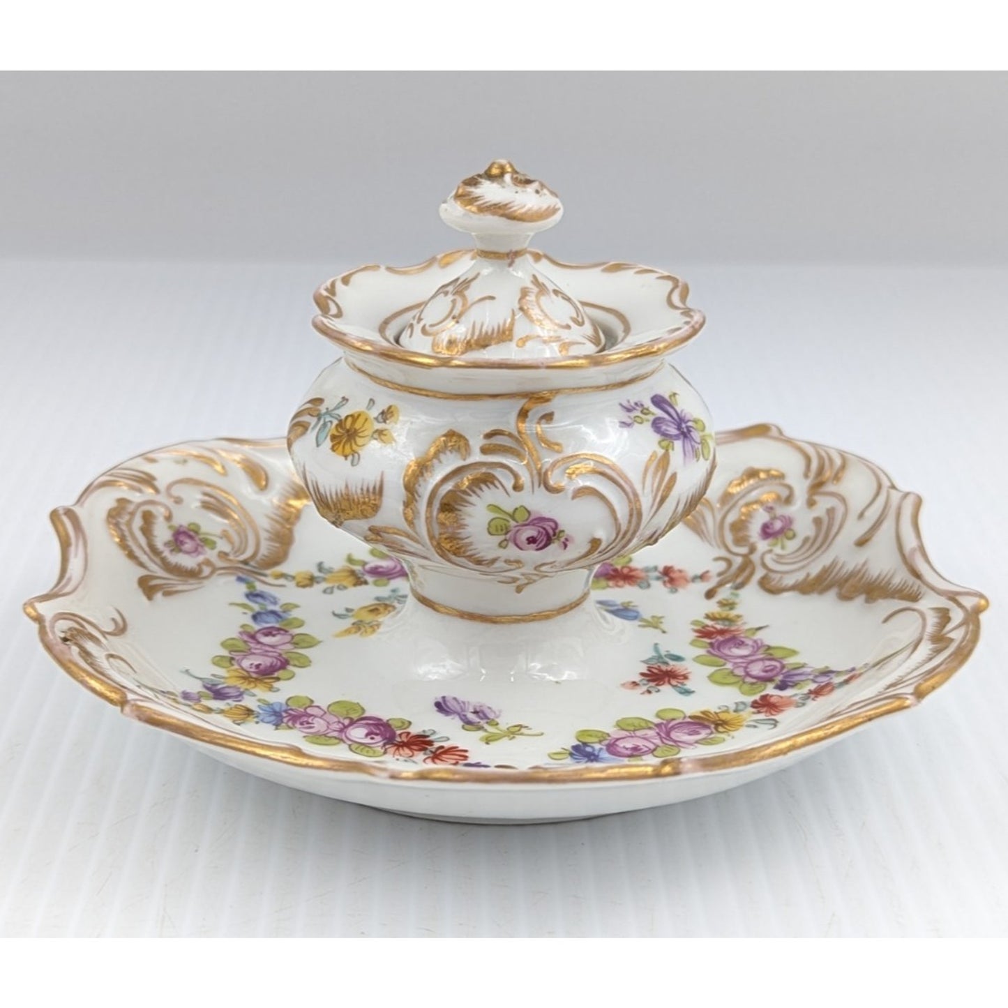 Hand Painted Porcelain Inkwell Floral Gilded With Lid Dresden (?)