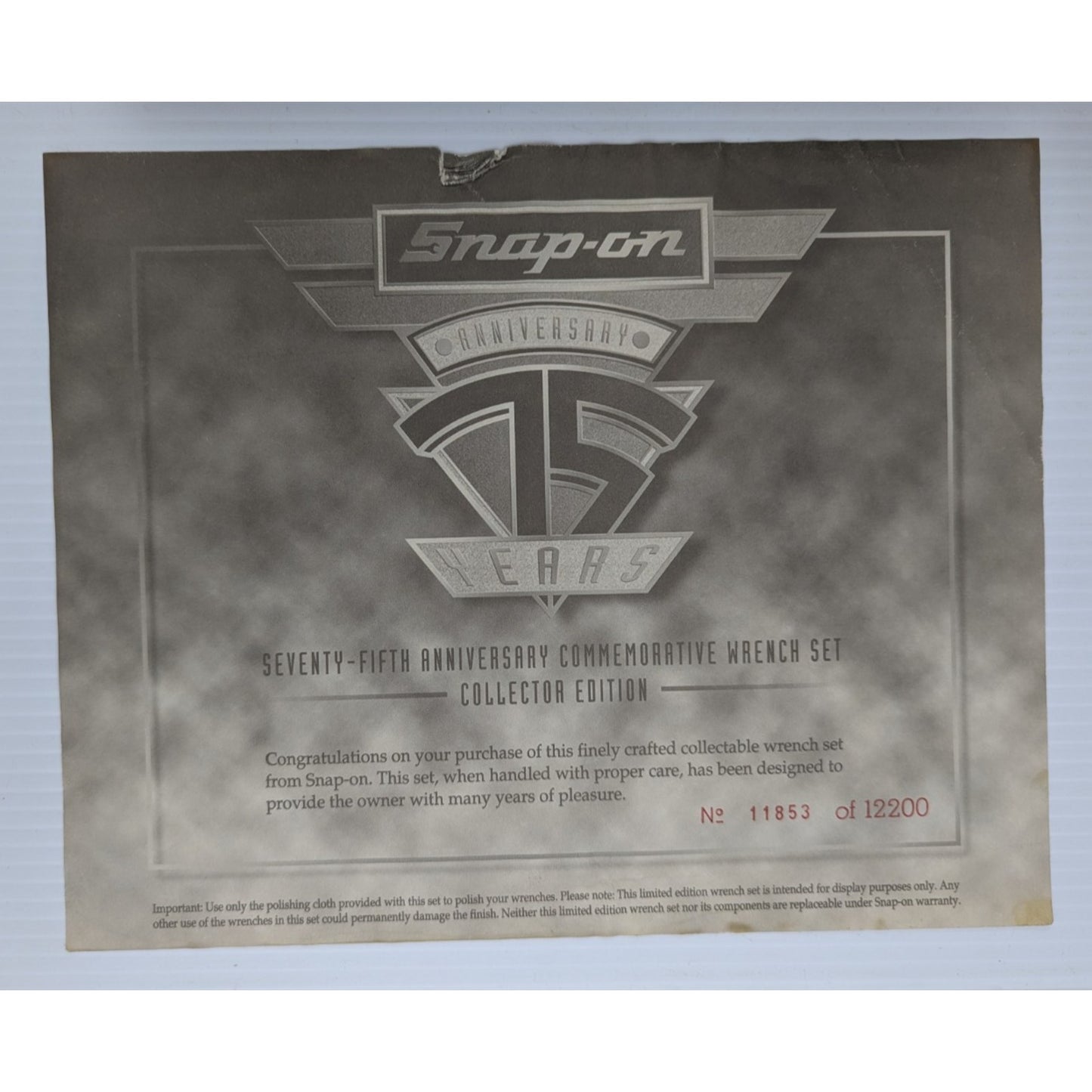 Snap-On Tools SAE 75th Anniversary Limited Edition Commemorative Wrench Set