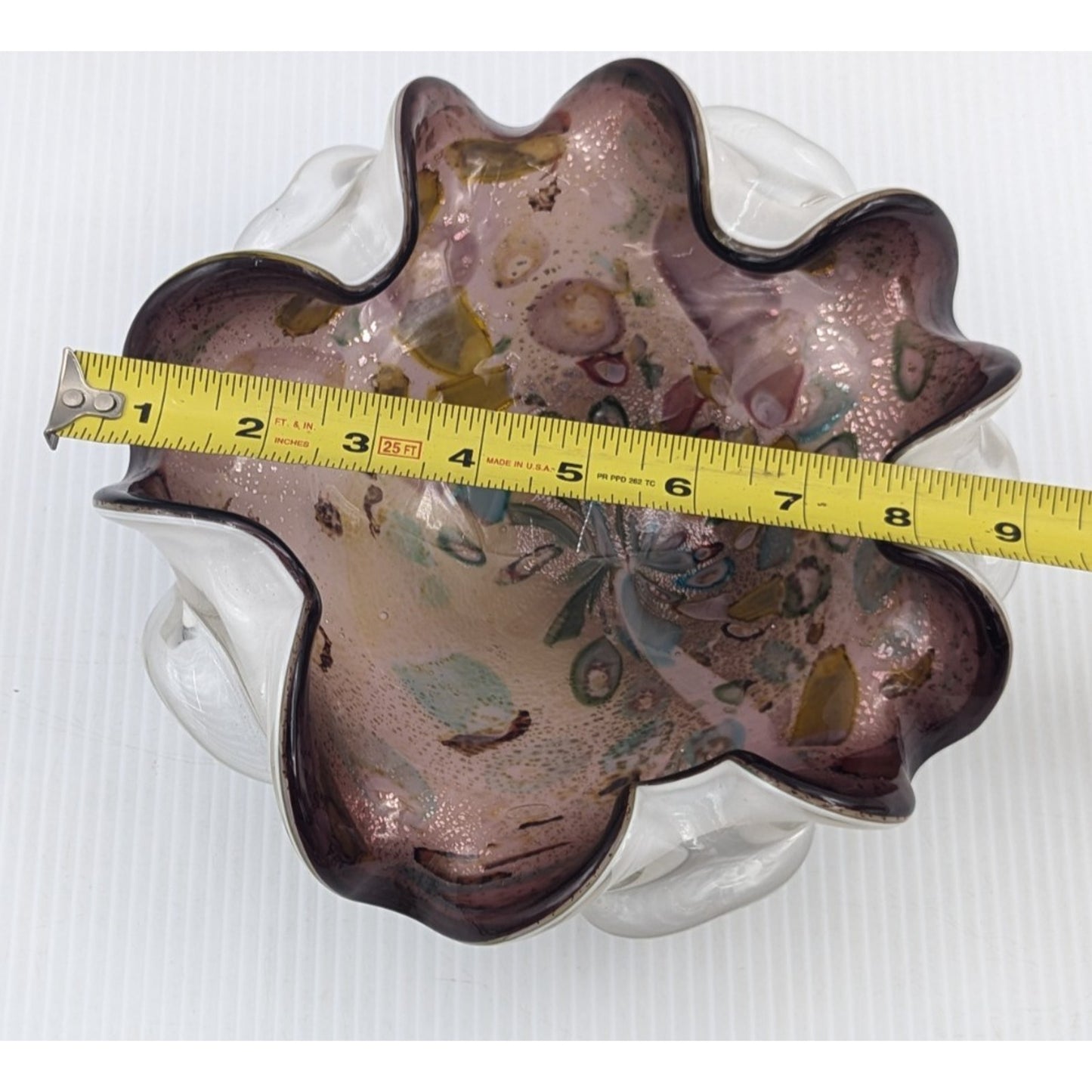 Vintage Hand Blown Murano Tutti Frutti Cased Glass Bowl Ruffled 9"