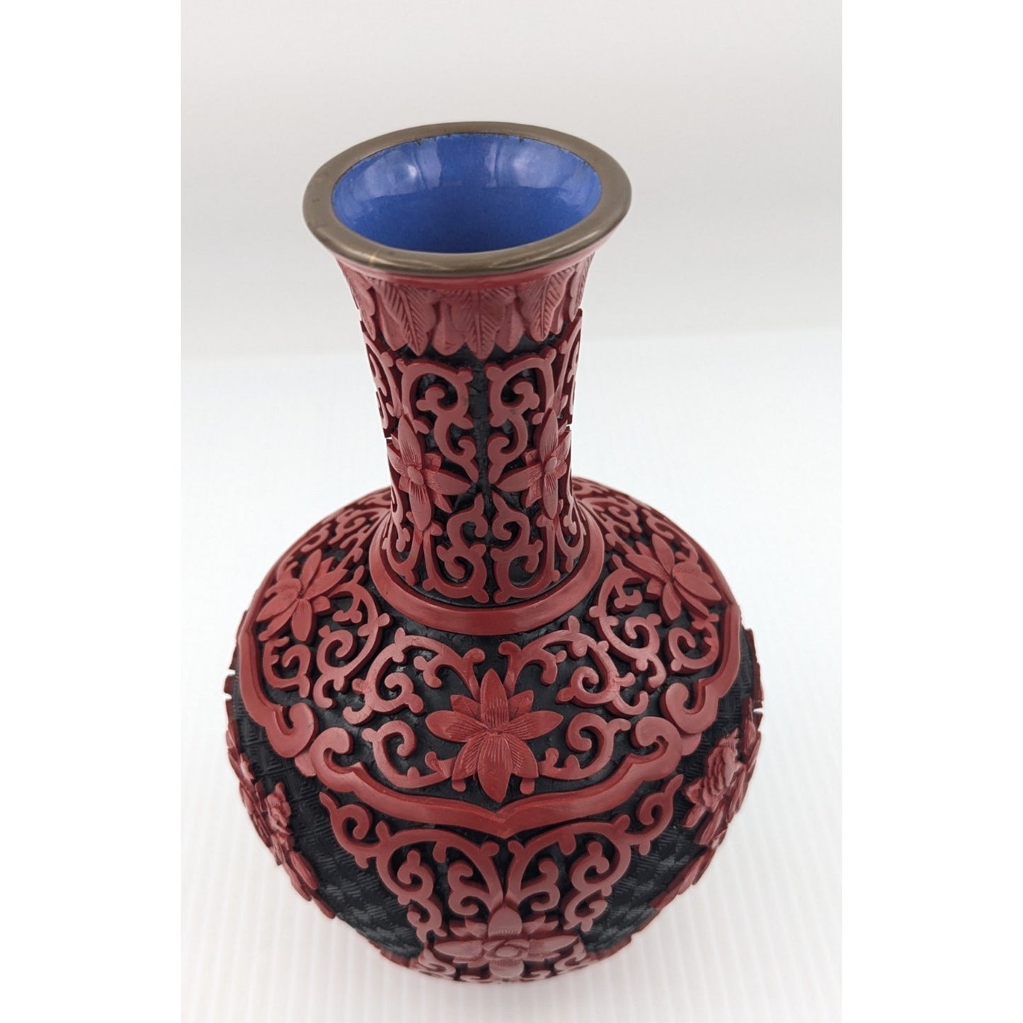 Vintage Chinese Cinnabar Lacquered Vase Red Black 8" Brass & Blue Enamel