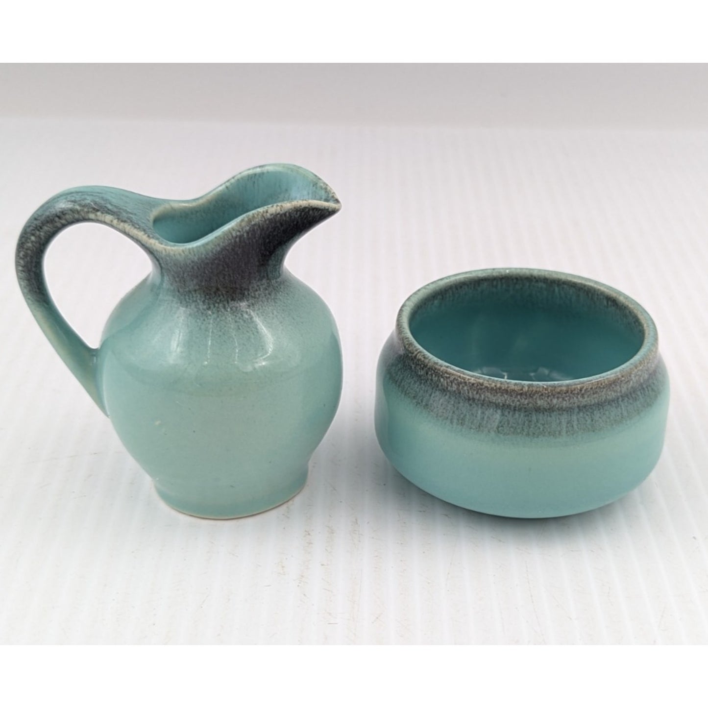 Vintage Gouda Pottery Holland Mini Pitcher Creamer Open Sugar Bowl Green Glaze