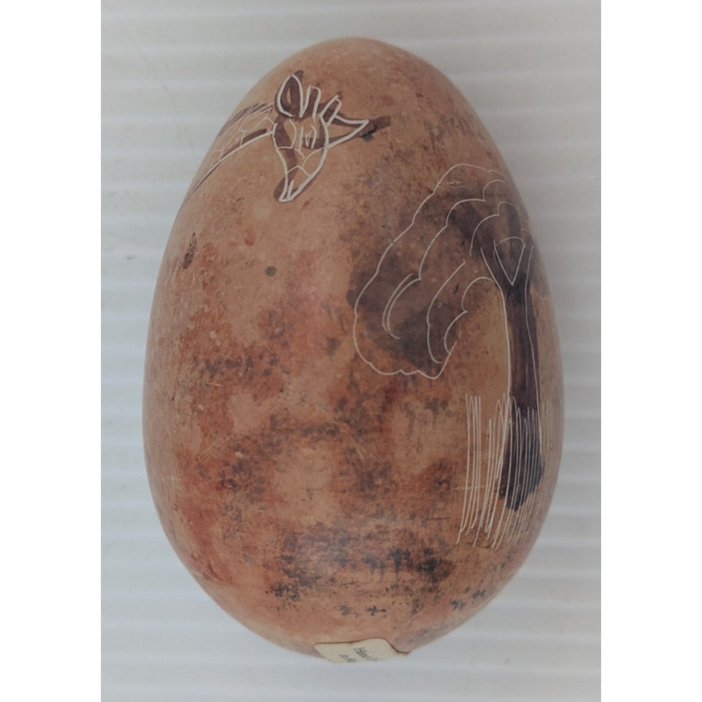 Vintage Kenya Hand Carved Soap Stone Egg Painted & Etched Giraffe And Tree