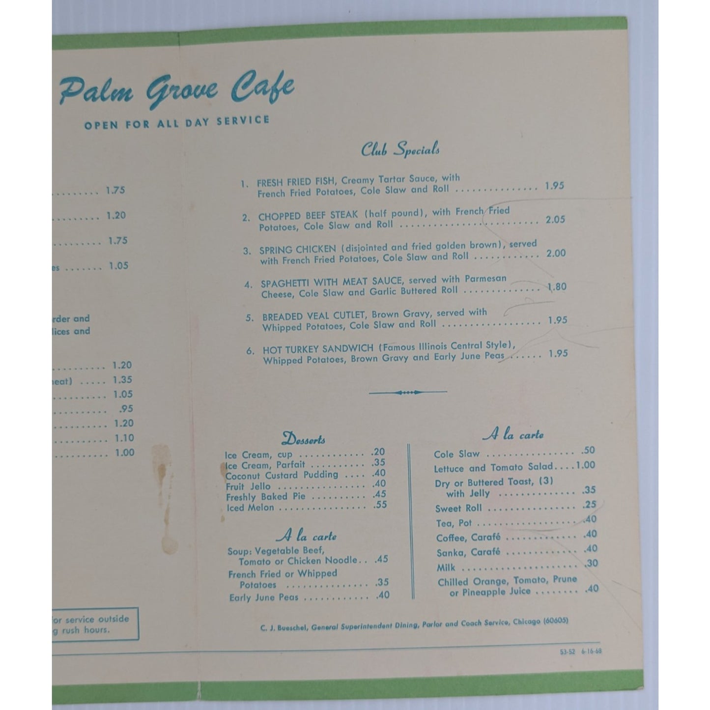 Illinois Central Palm Grove Café Luncheon-Dinner Menu
