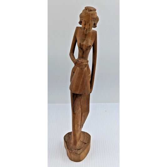Vintage Hand Carved Wooden Light weighted Art Statue Figure Woman Carrying Jar