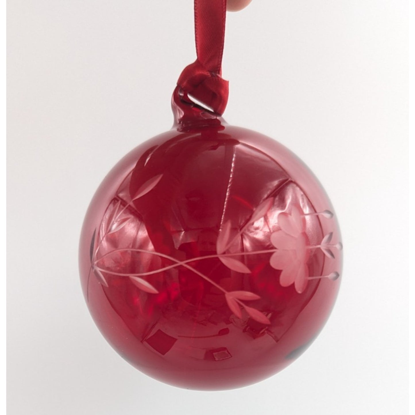 Princess House Heritage Red Hand Blown Etched Floral Crystal Glass Ornament