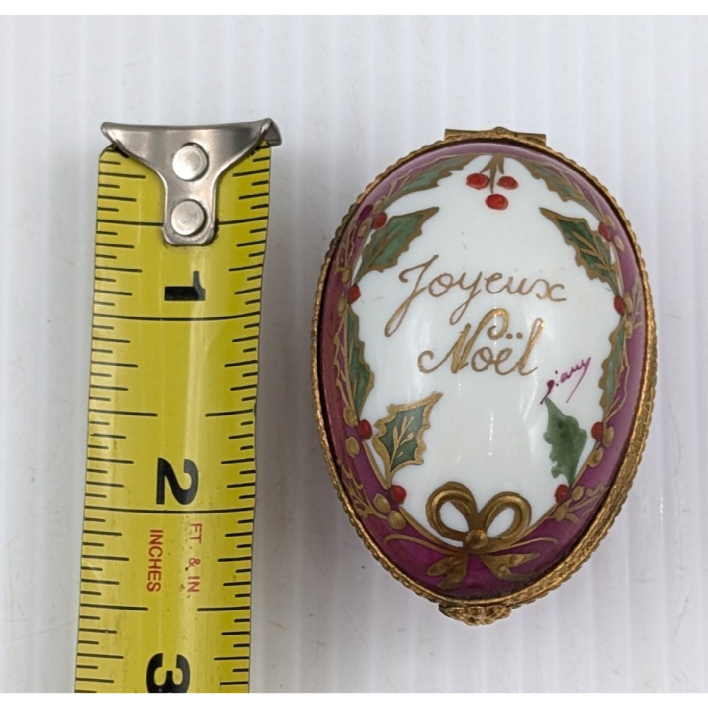 Limoges Joyeux Noel Christmas Trinket Box Egg Hand Painted Holly France 2.5"