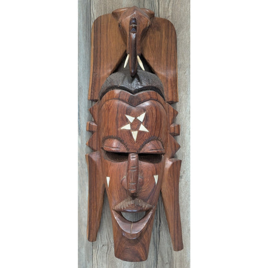 Vintage African Wooden Mask Elephant Top Mandinka Wooden Sculpture Inlay Modern