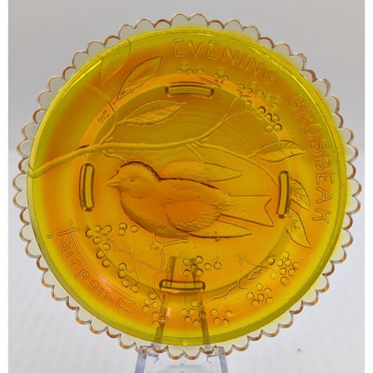 Evening Grosbeak Bird Glass Window Decor Pairpoint Cup Plate Marigold Amber VTG