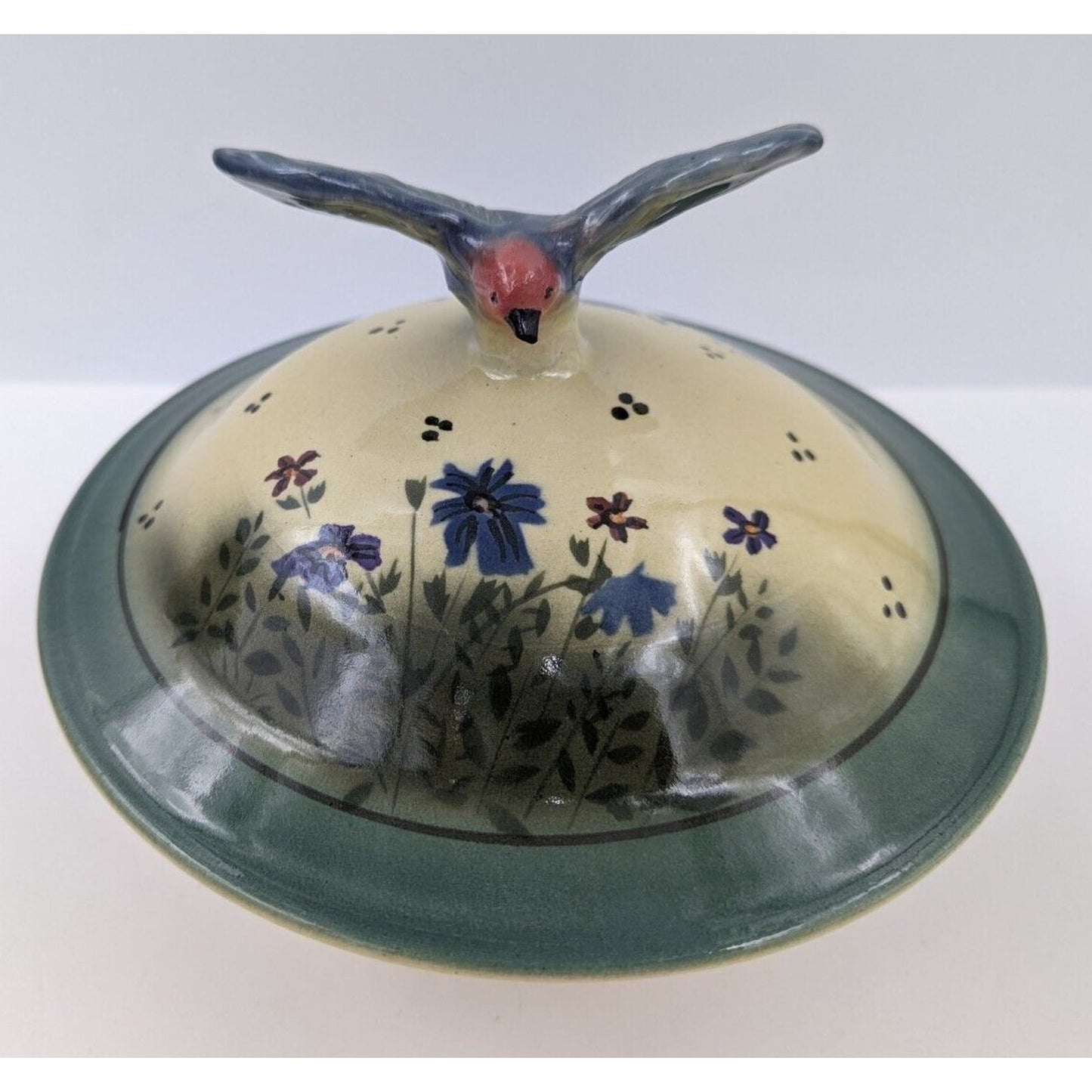 Aldrich Valley Pottery Blue Bird Finial Floral Lidded Bowl Signed - READ