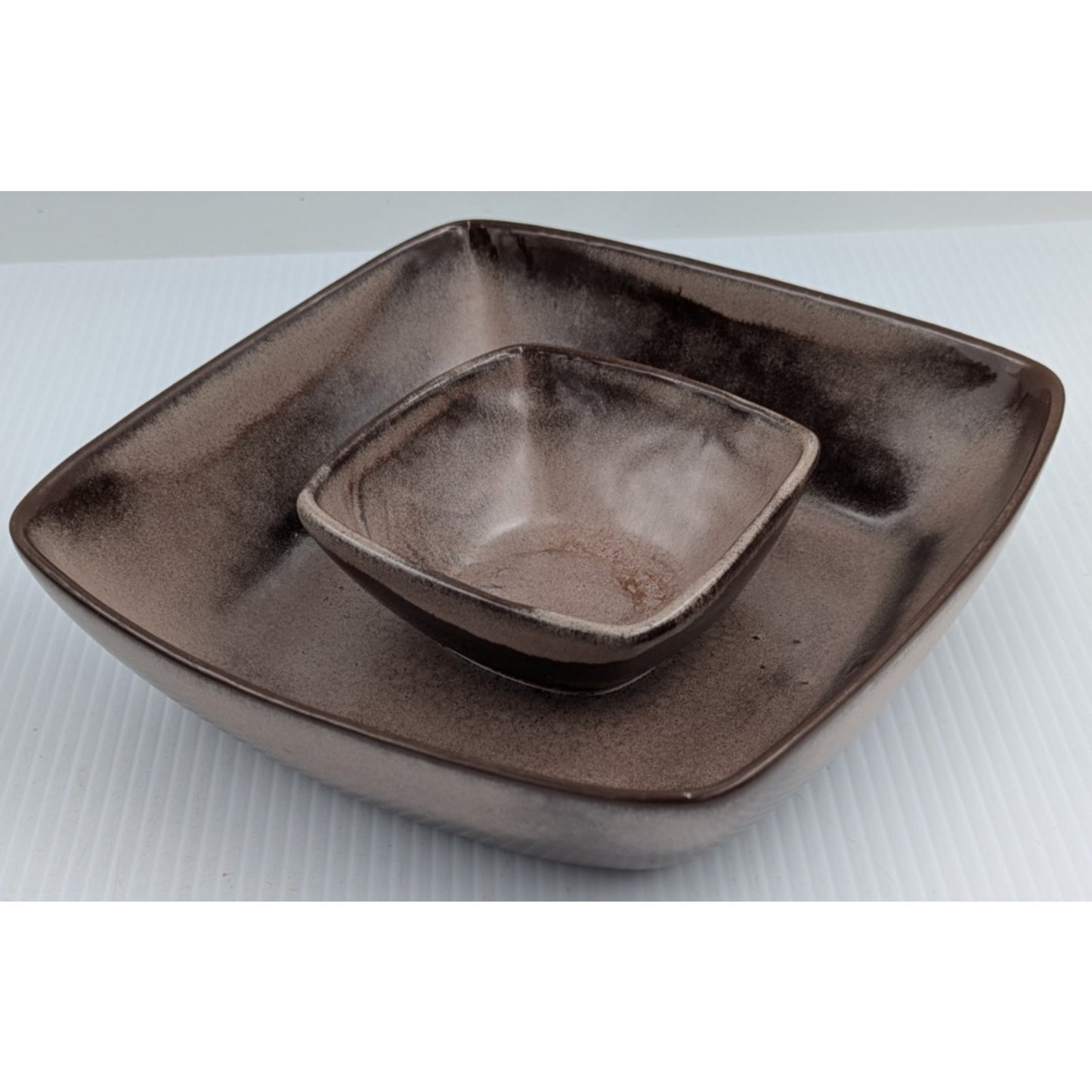 Frankoma Pottery Plainsman Brown Chip and Dip Platter and Square Salad Bowl 5NS