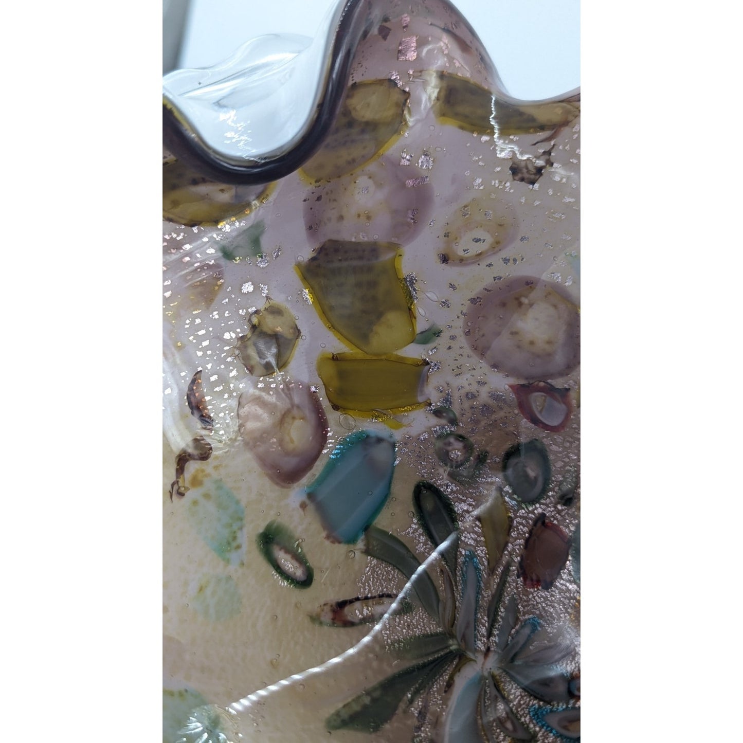 Vintage Hand Blown Murano Tutti Frutti Cased Glass Bowl Ruffled 9"