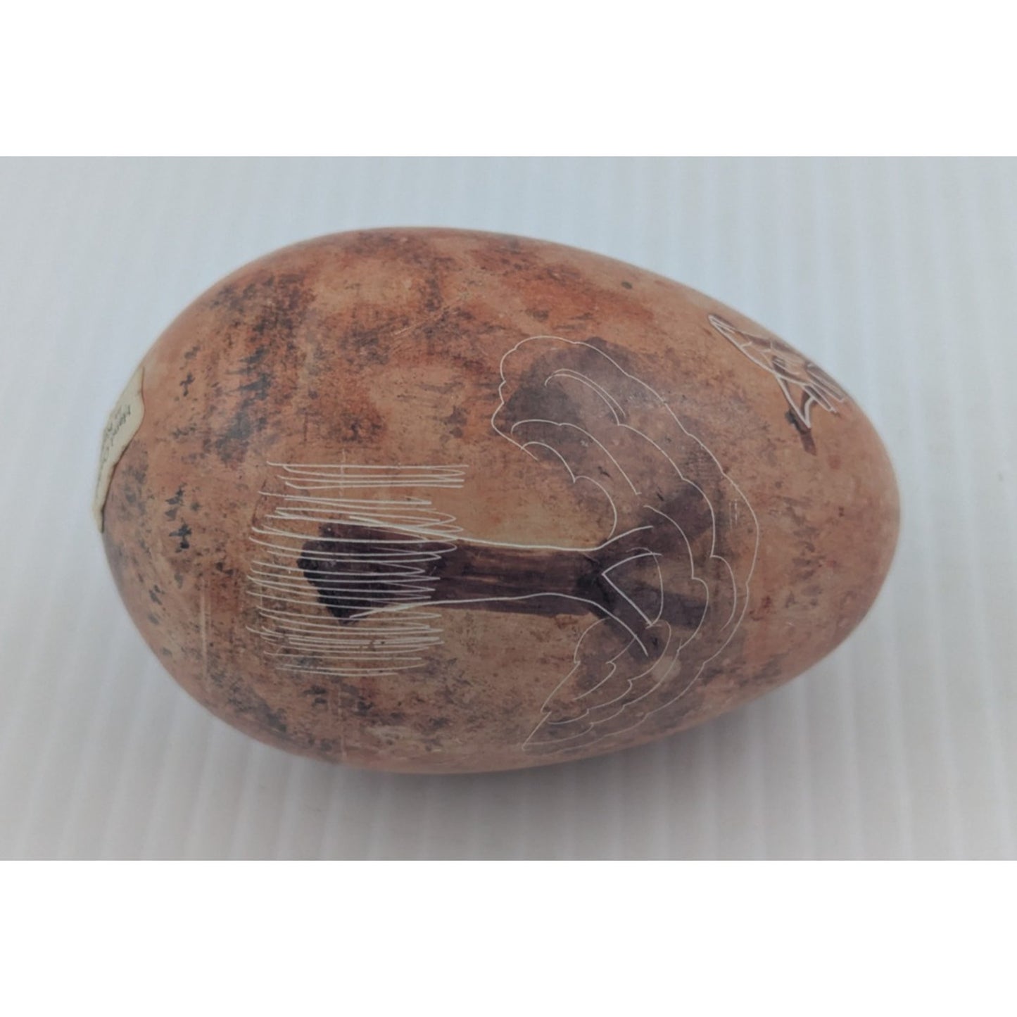 Vintage Kenya Hand Carved Soap Stone Egg Painted & Etched Giraffe And Tree
